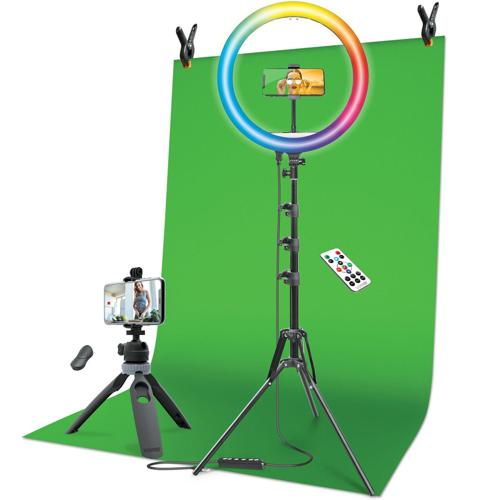 Bower Content Creator Kit with16-inch RGB Ring Light, 62-inch Adjustable Tripod, and Green Screen for Content Creation Camera Accessory