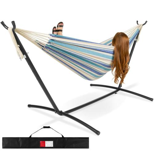 Best Choice Products 2-Person Brazilian-Style Cotton Double Hammock with Stand Set w/ Carrying Bag - Ocean