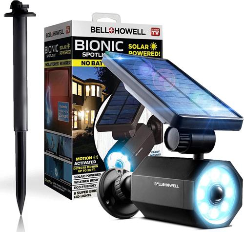 Bell + Howell Bionic Spotlight, 25 ft. Motion Sensor, Solar Sun Panels, Outdoor Lighting- Black