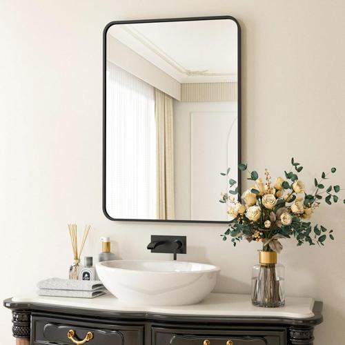 BEAUTYPEAK 26 x38 Wall Mirror Rounded Corners Hanging Vanity Mirror Black