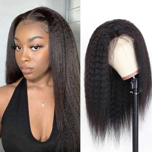 Beauhair Kinky Straight Lace Front Wigs Human Hair,Yaki Straight 13&#215;4 HD Transparent Lace Frontal Wig Brazilian Human Hair Wigs for Women Pre Plucked with Baby Hair 180% Denisty Natural Color 16